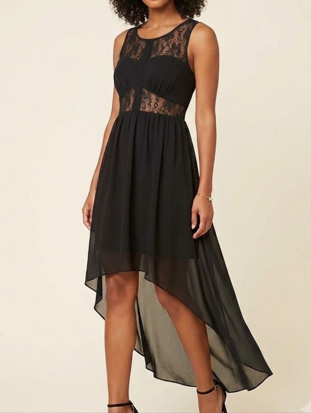 Black Lace Overlay High-Low Dress